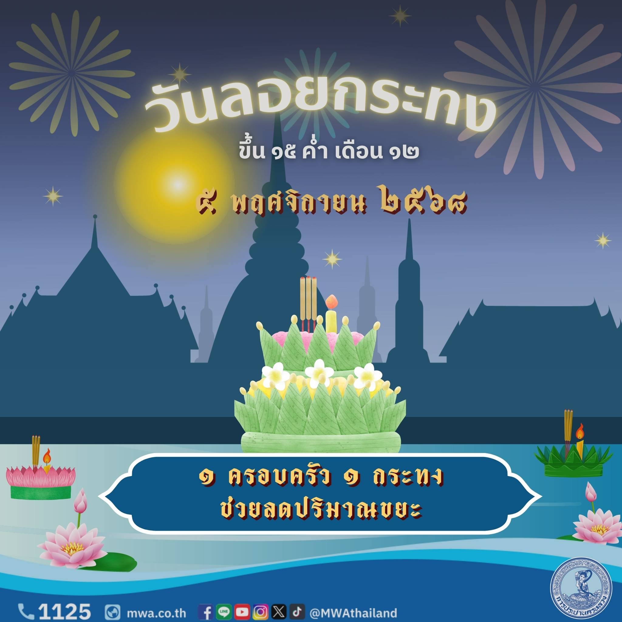 การประปานครหลวง ขอเชิญชวนร่วมสืบสานประเพณีลอยกระทงอย่างไทย ภายใต้แนวคิด “ลอยกระทง ไท ไทย คารวาลัย พระแม่ของแผ่นดิน”