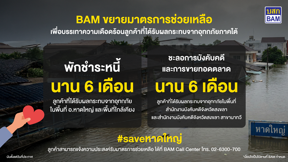 BAM ขยายมาตรการช่วยลูกค้าประสบภัยน้ำท่วมภาคใต้พักชำระหนี้ – ชะลอการบังคับคดี – การขายทอดตลาด นาน 6 เดือน