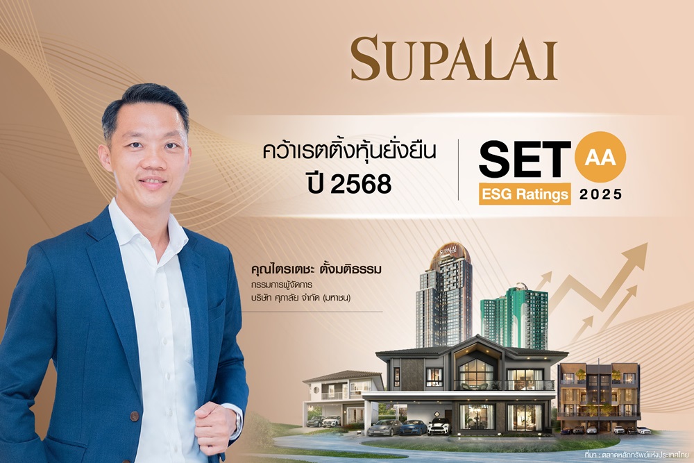 ศุภาลัย คว้าเรตติ้ง AA หุ้นยั่งยืน ปี 2568 จาก”SET ESG Ratings”ตอกย้ำความเป็นผู้นำด้านอสังหาฯ ยั่งยืน