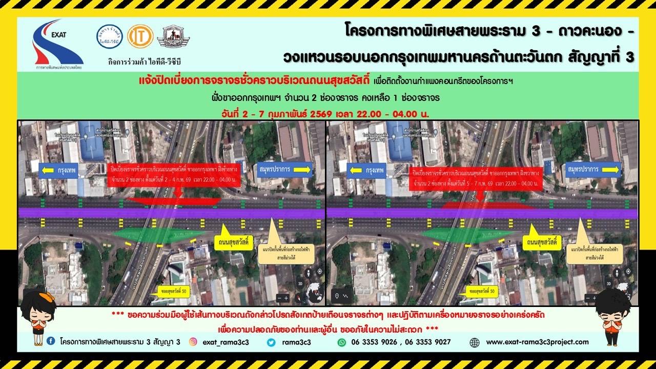 กทพ.แจ้งเลี่ยงถนนสุขสวัสดิ์ ช่วง 2-14 ก พ 69 ปิด 2 เลน ติดตั้งกำแพงทางด่วน “พระราม 3 – ดาวคะนอง”