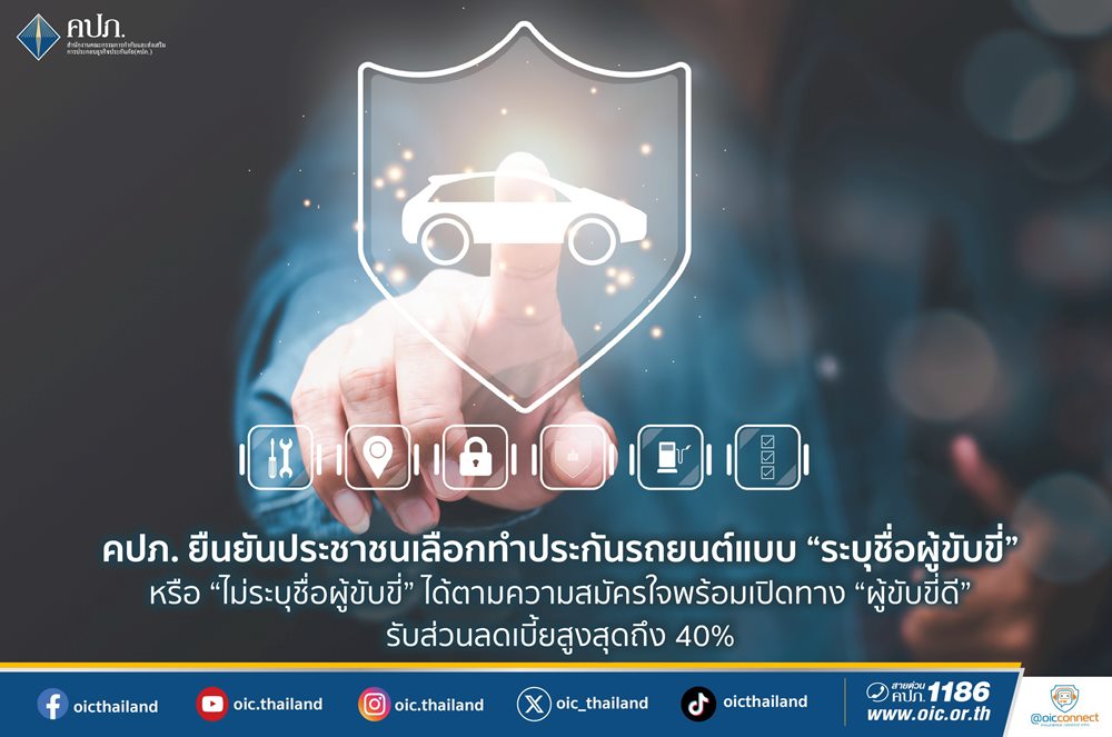 คปภ.ยืนยันประชาชนเลือกทำประกันรถยนต์แบบ “ระบุชื่อผู้ขับขี่”หรือ“ไม่ระบุชื่อผู้ขับขี่”ได้ตามความสมัครใจ