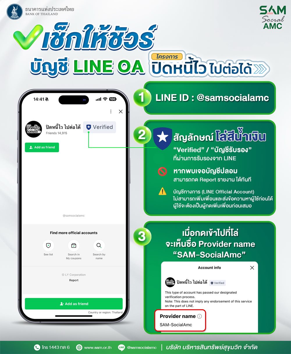 SAM เตือนภัยมิจฉาชีพ เช็กให้ชัวร์!!ก่อนแอดไลน์เข้าร่วม โครงการ “ปิดหนี้ไว ไปต่อได้”