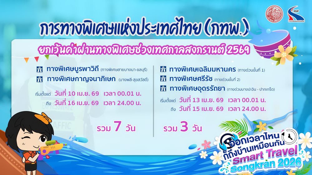 กทพ.ยกเว้นค่าผ่านทางพิเศษ ช่วงเทศกาลสงกรานต์ 2569