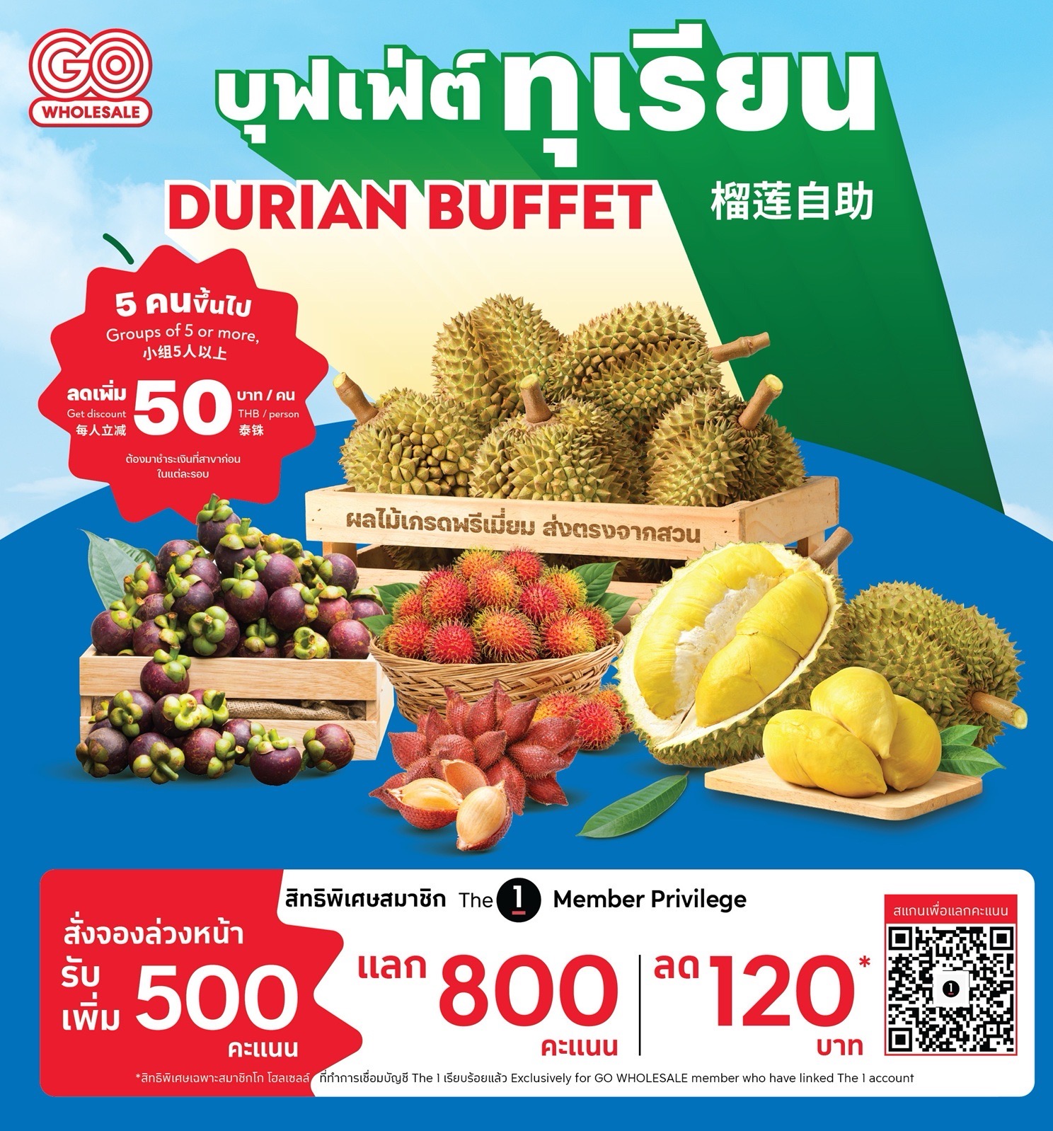 ห้ามพลาด!โก โฮลเซลล์ ชวนฟินไปกับ ‘บุฟเฟต์ทุเรียนสุดพรีเมียม’ สดตรงจากสวน ครบครันผลไม้ฤดูกาล คุ้มค่าราคาพิเศษ ช่วยเกษตรกรชาวสวน