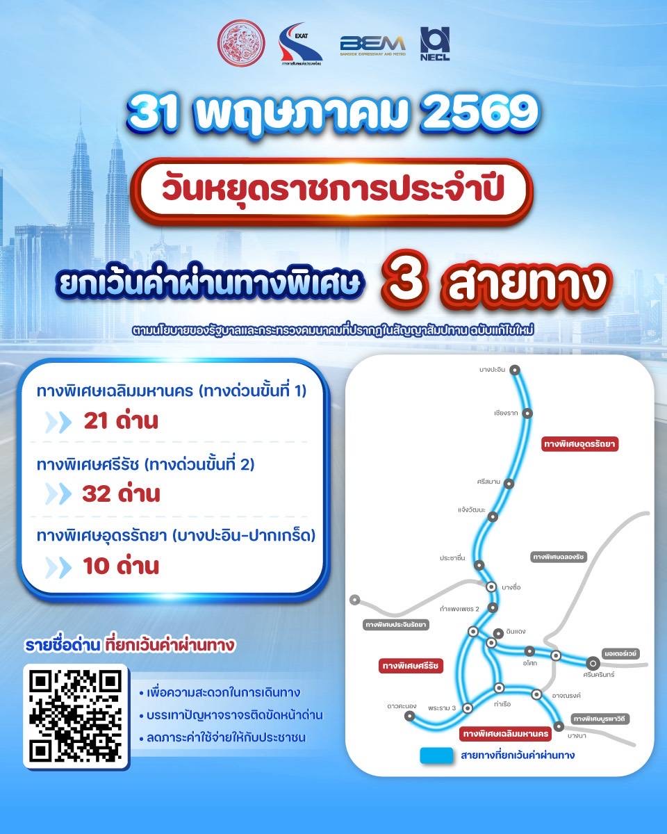 กทพ. ยกเว้นค่าผ่านทางพิเศษ ในวันที่ 31 พฤษภาคม 2569 (วันวิสาขบูชา) รวม 3 สายทาง