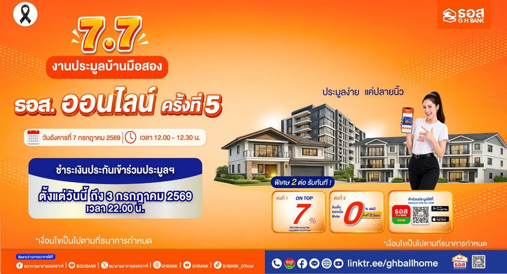 ธอส.จัดโปร 7.7 ชวนเป็นเจ้าของบ้านคุณภาพดี ราคาคุ้มค่า กับงานประมูลบ้านมือสองออนไลน์ ครั้งที่ 5 จัดเต็ม ดอกเบี้ย 0% นานสูงสุด 2 ปี