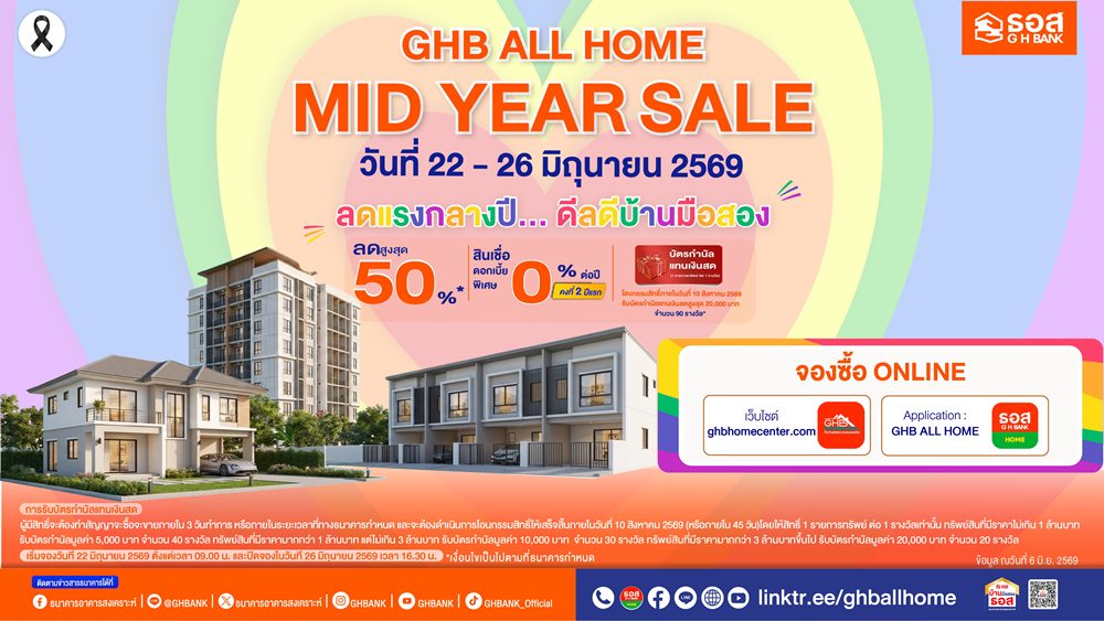 ธอส.อัดโปรแรงกลางปี ขนบ้านมือสองทั่วไทย ลดสูงสุด 50% พร้อมดอกเบี้ย 0% นาน 2 ปี ในงาน GHB ALL HOME MID YEAR SALE 2026