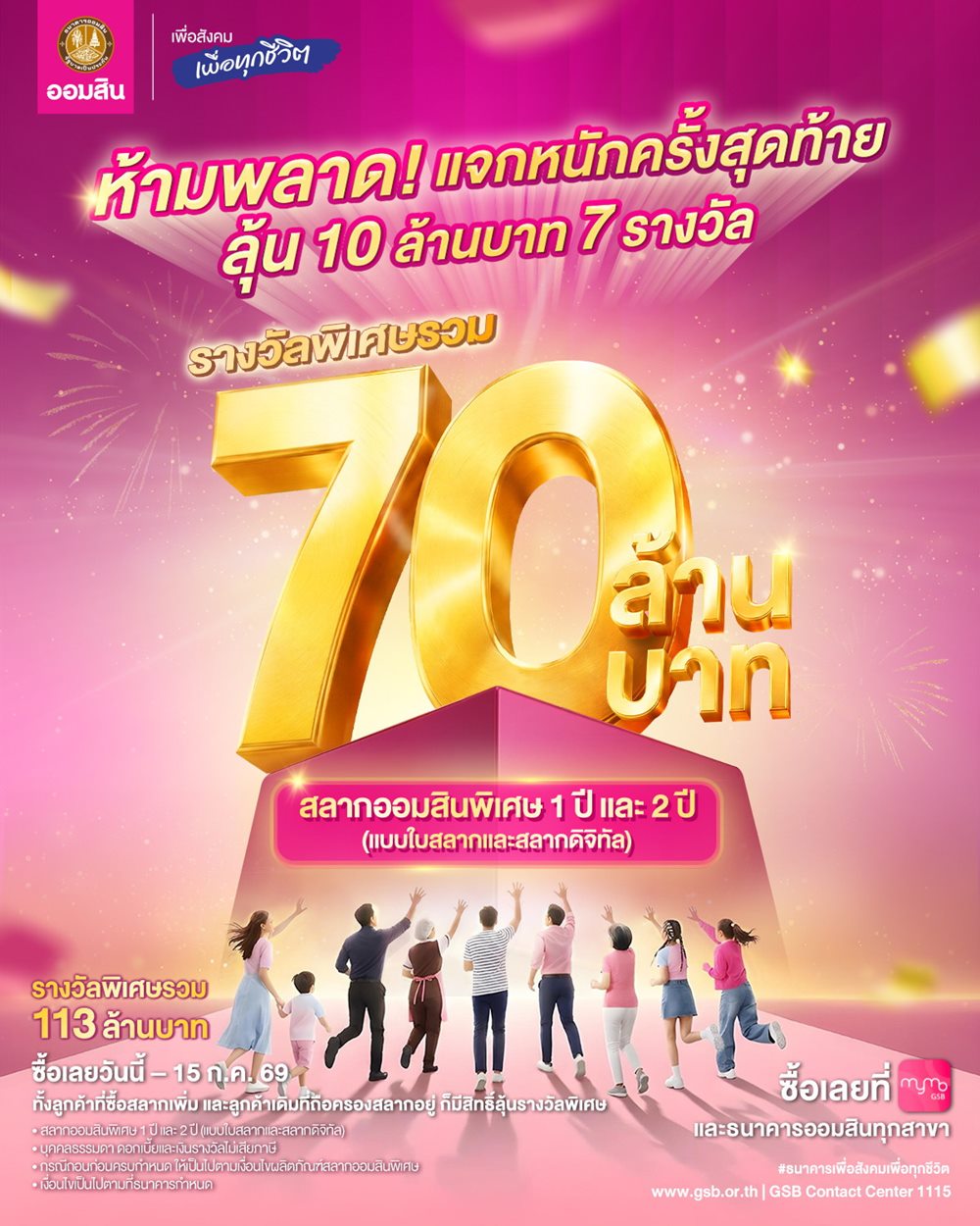 ออมสิน ปิดท้ายแคมเปญ ฉลอง 113 ปี ลุ้นสลากออมสินรางวัลใหญ่รวมอีก 70 ล้านบาทซื้อได้ถึง15 ก.ค. นี้ ทั้งที่สาขาและแอป MyM