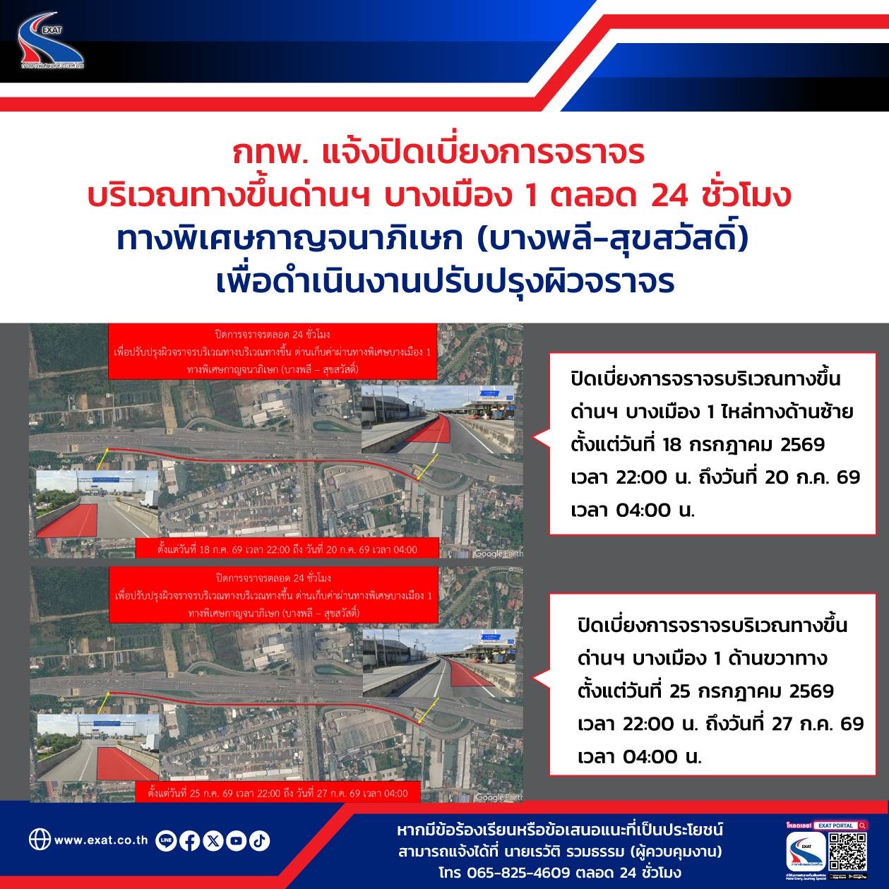 กทพ. แจ้งปิดเบี่ยงการจราจรบริเวณทางขึ้นด่านฯ บางเมือง 1 ตลอด 24 ชั่วโมง ทางพิเศษกาญจนาภิเษก (บางพลี-สุขสวัสดิ์) เพื่อดำเนินงานปรับปรุงผิวจราจร