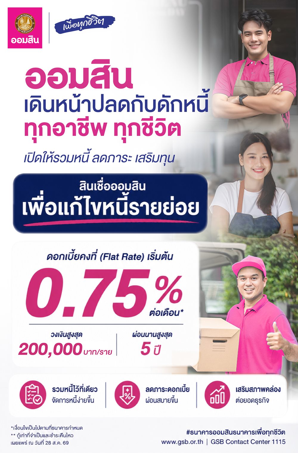 ออมสิน เดินหน้าปลดกับดักหนี้ทุกอาชีพ ทุกชีวิต เปิดให้กู้รวมหนี้“สินเชื่อออมสินเพื่อแก้ไขหนี้รายย่อย”ดอกเบี้ยคงที่เริ่มต้น 0.75% ต่อเดือน ให้ลูกหนี้ชีวิตเบาขึ้น-ลดภาระ-ได้เติมทุน