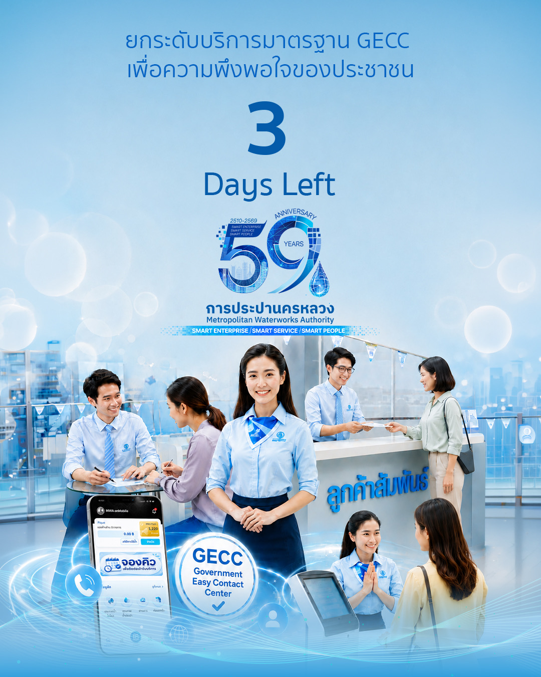 กปน.มุ่งยกระดับการให้บริการอย่างต่อเนื่อง ตามมาตรฐาน GECC (Government Easy Contact Center) เพื่อให้ทุกการติดต่อของประชาชนเป็นเรื่องง่าย สะดวก รวดเร็ว และเข้าถึงได้ในหลายช่องทาง
