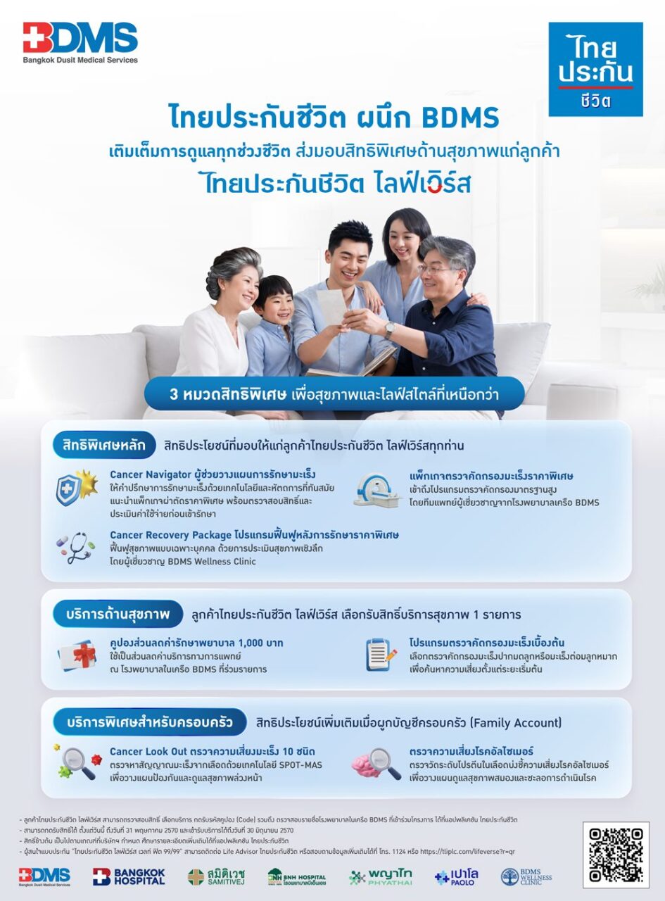 ไทยประกันชีวิต ผนึก BDMS เติมเต็มการดูแลทุกช่วงชีวิตส่งมอบสิทธิพิเศษด้านสุขภาพแก่ลูกค้า “ไทยประกันชีวิต ไลฟ์เวิร์ส”