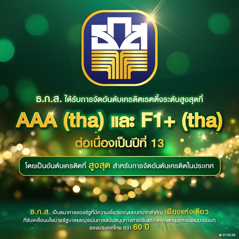 ธ.ก.ส.ได้รับการจัดอันดับเครดิตเรทติ้งส์ระดับสูงสุดที่ AAA(tha) และ F1+(tha) ต่อเนื่องเป็นปีที่ 13         