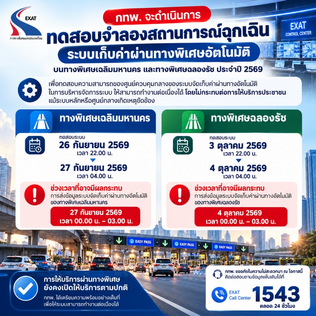 กทพ.จะดำเนินการทดสอบจำลองสถานการณ์ฉุกเฉินระบบเก็บค่าผ่านทางพิเศษอัตโนมัติศูนย์ควบคุมกลางของระบบจัดเก็บค่าผ่านทางแบบอัตโนมัติกรณีเกิดเหตุขัดข้องบนทางพิเศษเฉลิมมหานคร และทางพิเศษฉลองรัช ประจำปี 2569