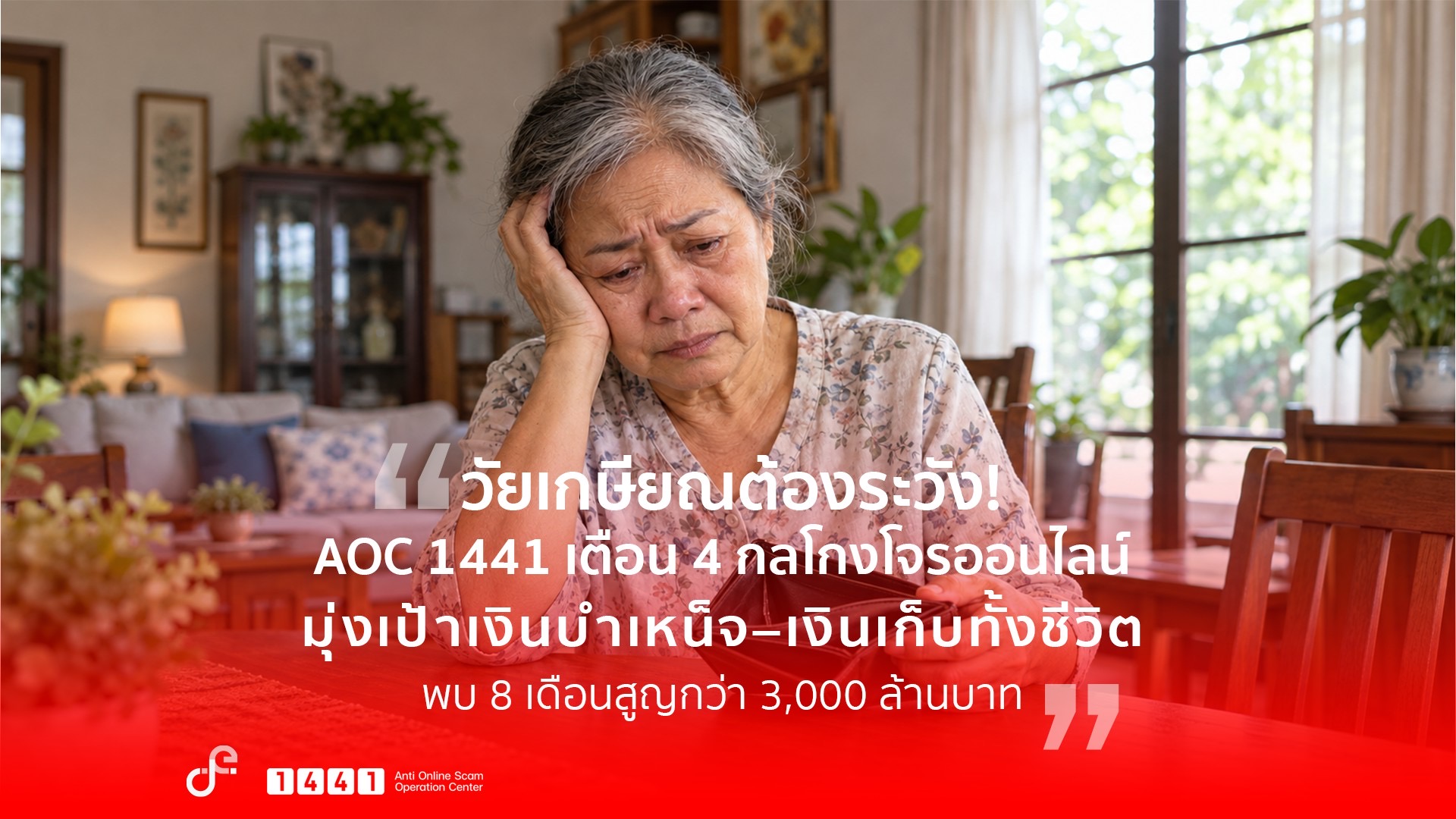 AOC 1441 เตือน 4 กลโกงออนไลน์ มุ่งเป้าเงินเกษียณ สูญกว่า 3,000 ล้านบาทใน 8 เดือน