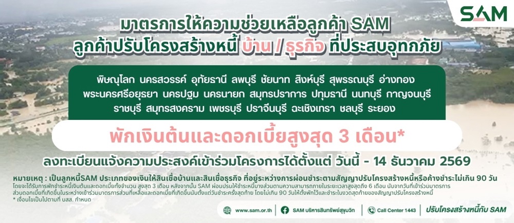 SAM สนองนโยบายรัฐ เร่งช่วยลูกค้าน้ำท่วมตั้งหลังพักเงินต้น–ดอกเบี้ยสูงสุด 3 เดือน ครอบคลุมเพิ่มเติมอีก 22 จังหวัด 119 อำเภอ
